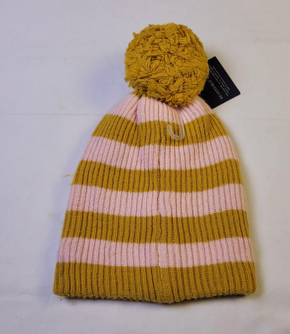 GAP Hat Beanie Reversible Pom Pom Womens One Size Pink Yellow Stripe Knit Ribbed